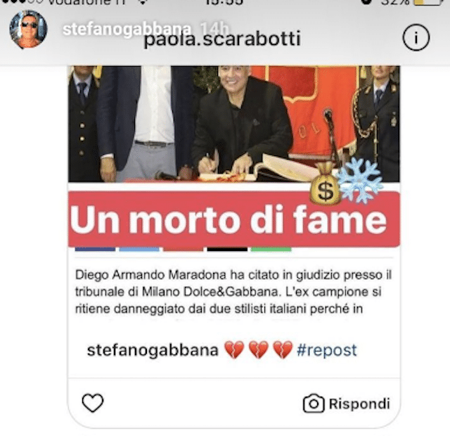 Gabbana contro Maradona: «Morto di fame». Wanda Nara mette il like - FOTO 33 stefano gabbana diego armando maradona instagram 2017 09 13