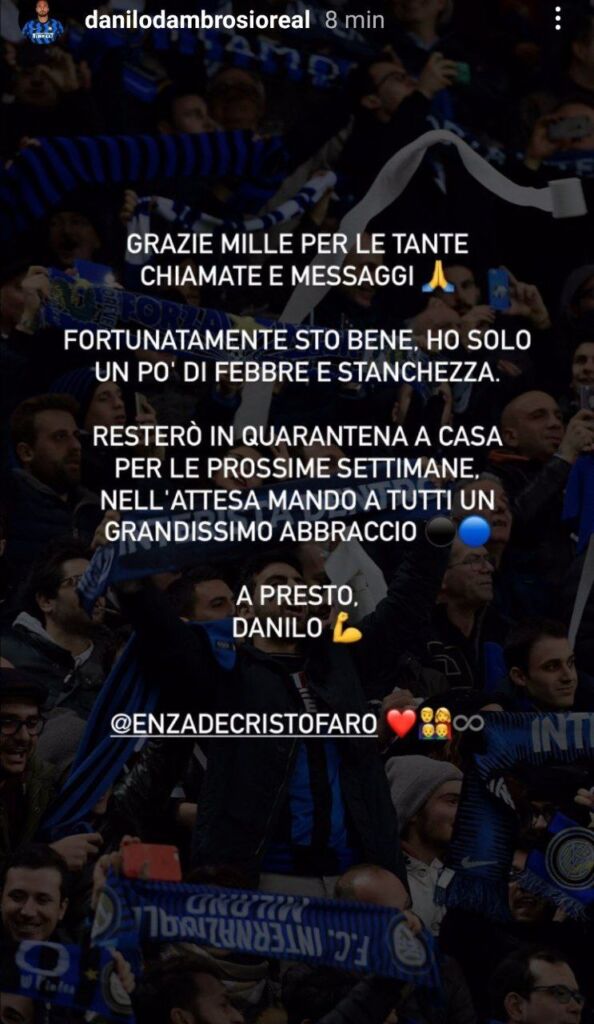D'Ambrosio tranquillizza: «Sto bene, solo un po' di febbre. Grazie a tutti per l'affetto» 29 photo 2021 03 16 15.53.04