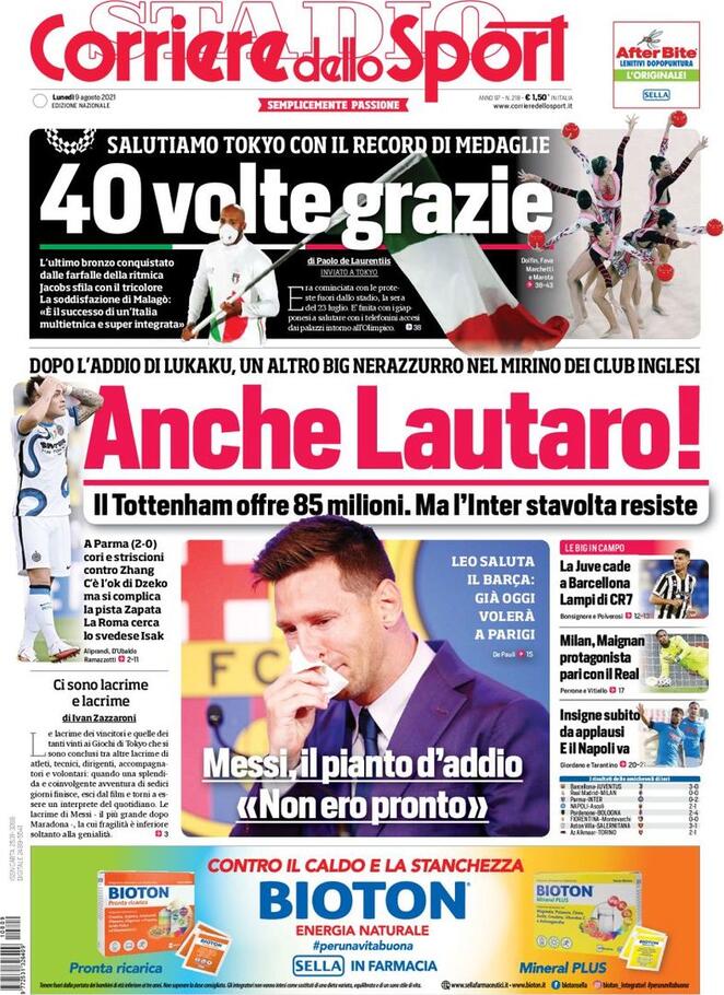 Le prime pagine dei quotidiani sportivi di oggi - 9 agosto 32 Corriere dello sport 1
