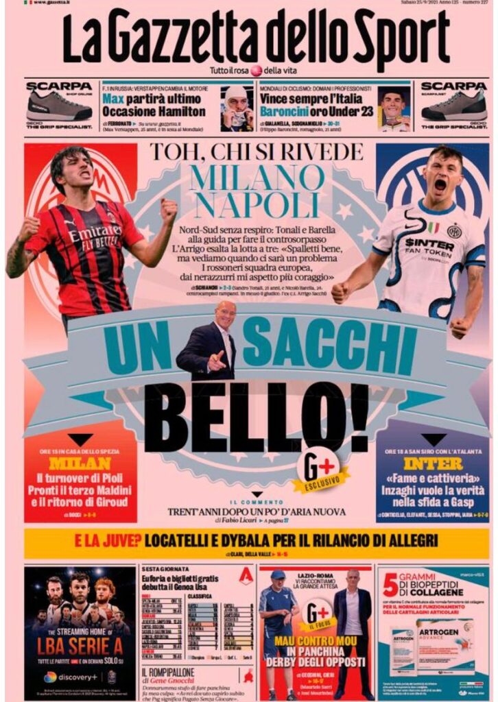 Le prime pagine dei quotidiani sportivi di oggi - 25 settembre 34 Gazzetta dello Sport 1