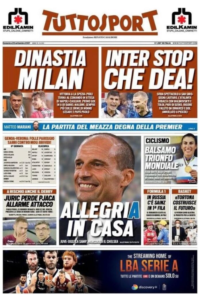 Le prime pagine dei quotidiani sportivi di oggi - 26 settembre 32 Tuttosport 2