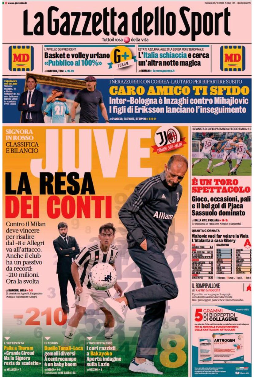 Le prime pagine dei quotidiani sportivi di oggi - 18 settembre 40 WhatsApp Image 2021 09 18 at 07.29.26