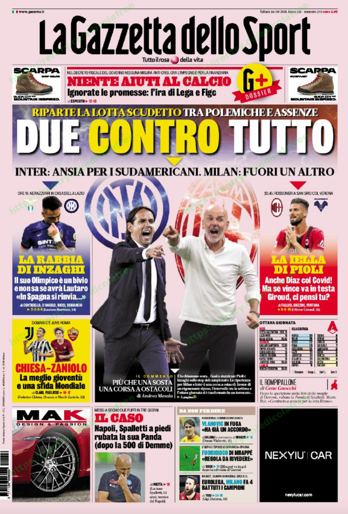 Le prime pagine dei quotidiani sportivi di oggi - 16 ottobre 38 Schermata 2021 10 16 alle 07.55.49
