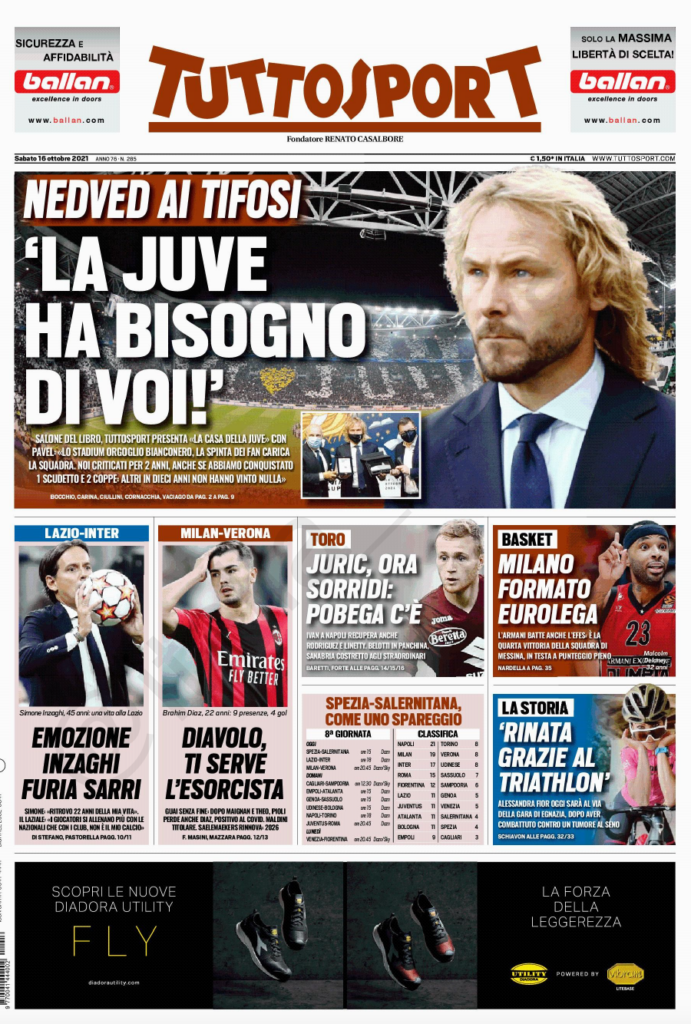 Le prime pagine dei quotidiani sportivi di oggi - 16 ottobre 40 Schermata 2021 10 16 alle 07.56.05
