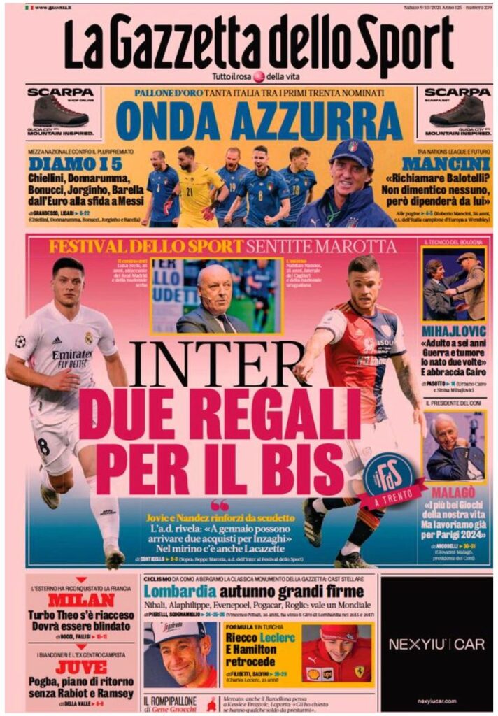 Le prime pagine dei quotidiani sportivi di oggi - 9 ottobre 38 WhatsApp Image 2021 10 09 at 07.26.23