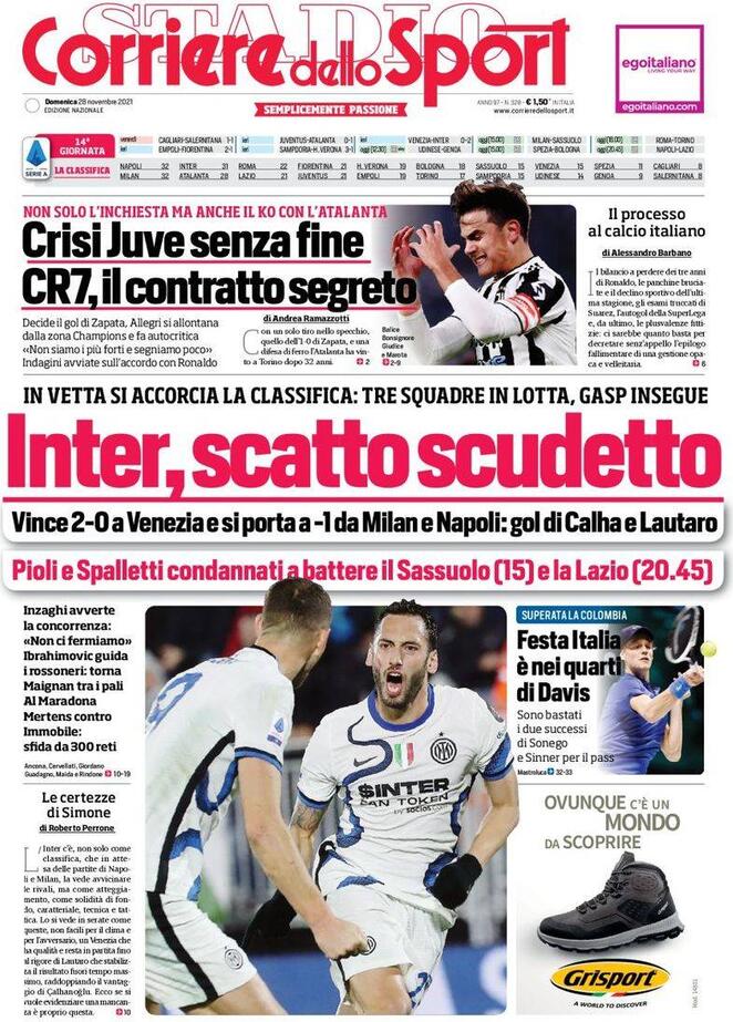 Le prime pagine dei quotidiani sportivi di oggi - 28 novembre 39 Corriere Sport