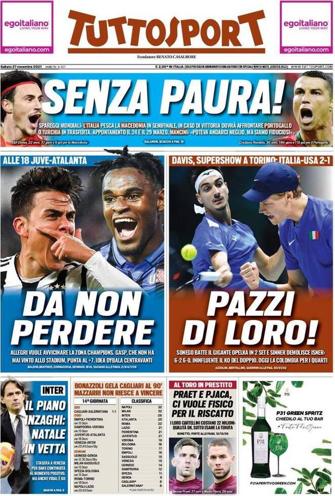 Le prime pagine dei quotidiani sportivi di oggi - 27 novembre 40 Tuttosport 2