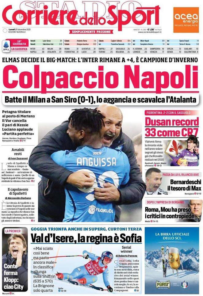 Le prime pagine dei quotidiani sportivi di oggi - 20 dicembre 38 Corriere dell sport