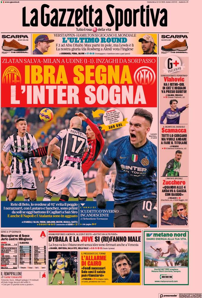 Le prime pagine dei quotidiani sportivi di oggi - 12 dicembre 39 Gazzetta dello Sport 3