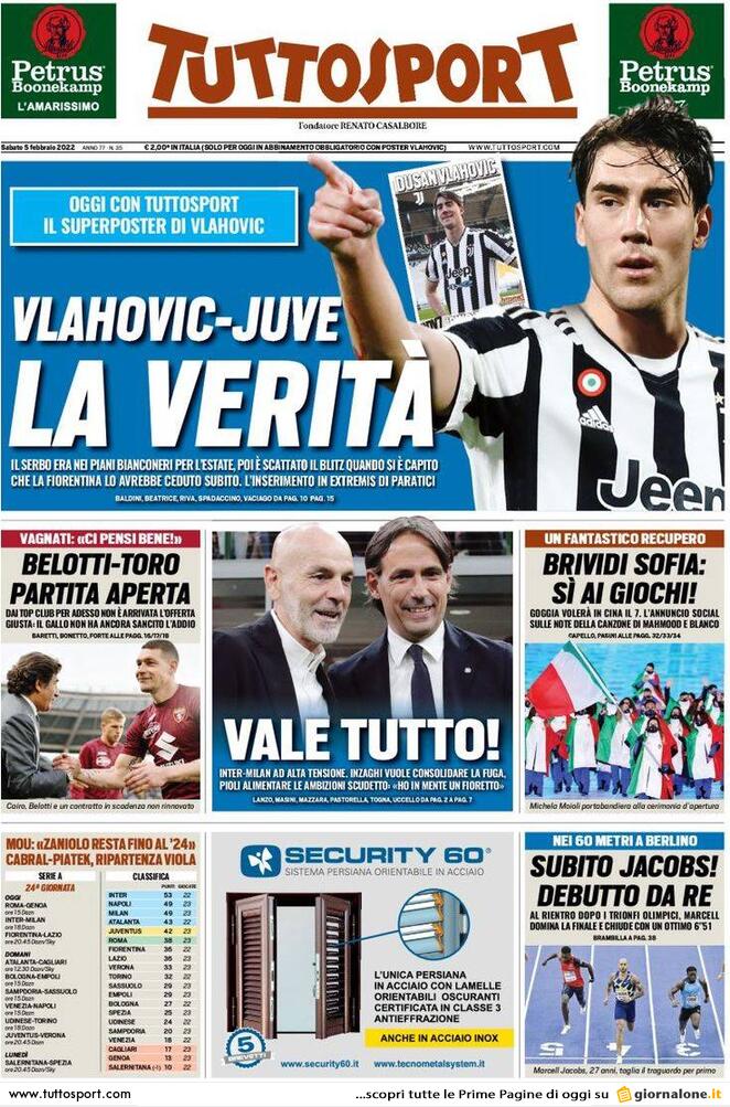 Le prime pagine dei quotidiani sportivi di oggi - 5 febbraio 40 Tuttosport 1