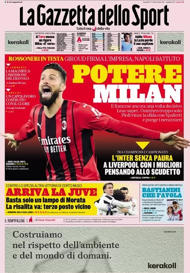 Le prime pagine dei quotidiani sportivi di oggi - 7 marzo 38 Gazzetta dello Sport