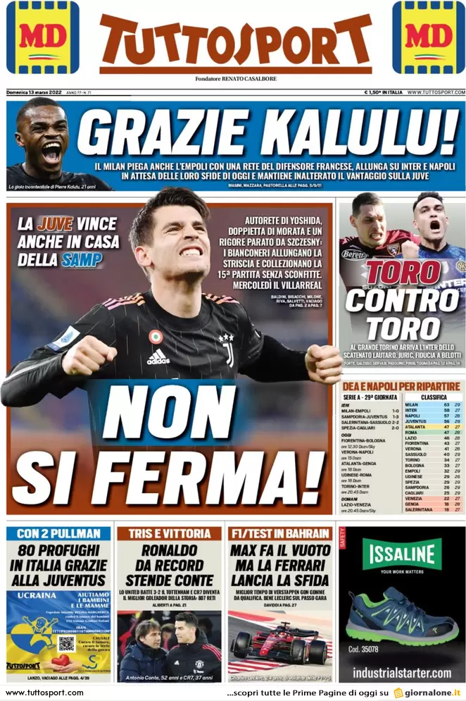 Le prime pagine dei quotidiani sportivi di oggi - 13 marzo 40 Tuttosport 3