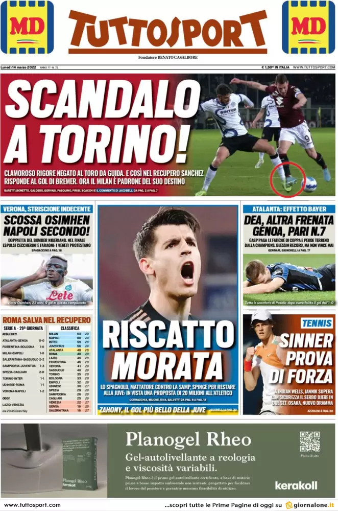 Le prime pagine dei quotidiani sportivi di oggi - 14 marzo 40 Tuttosport 4