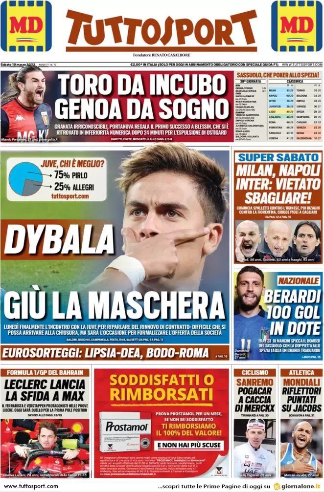 Le prime pagine dei quotidiani sportivi di oggi - 19 marzo 40 Tuttosport 5