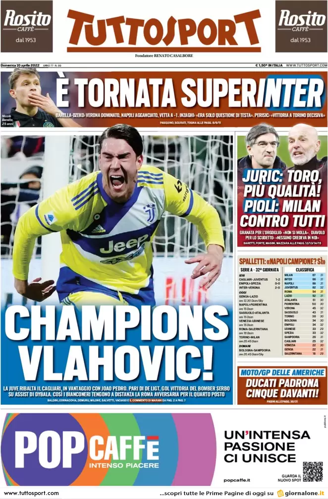 Le prime pagine dei quotidiani sportivi di oggi - 10 aprile 38 Tuttosport 3