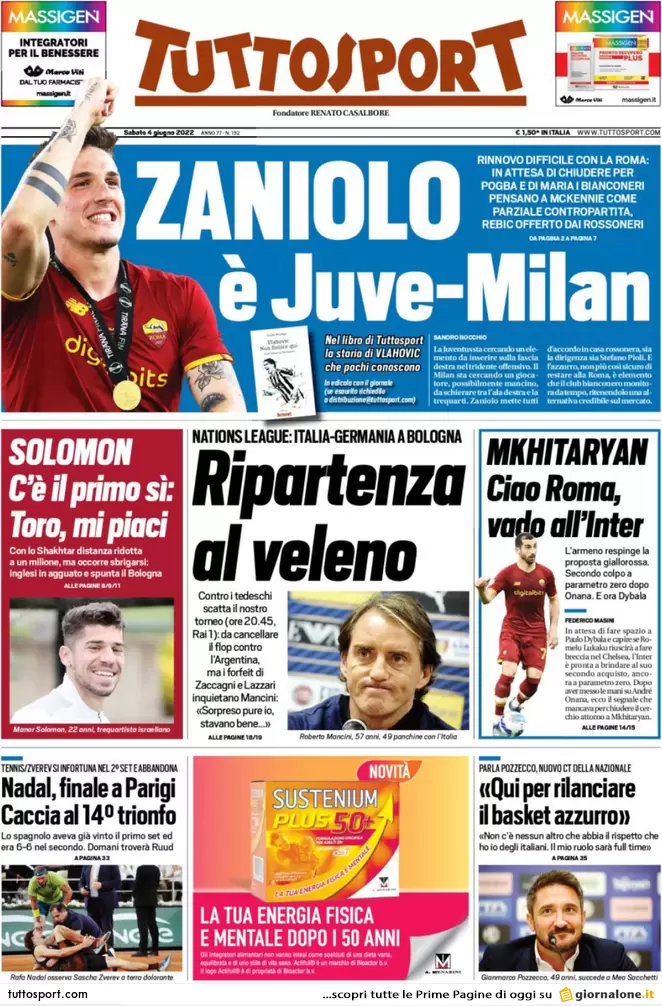 Le prime pagine dei quotidiani sportivi di oggi - 4 giugno 40 Tuttosport