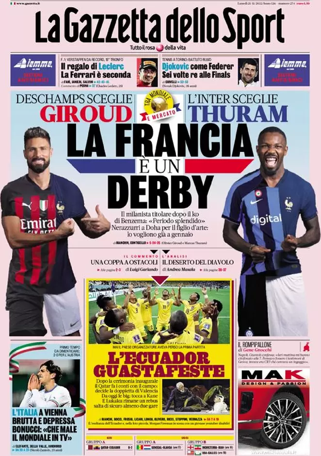 Le prime pagine dei quotidiani sportivi di oggi – 21 novembre 32 Gazzetta Sport 7