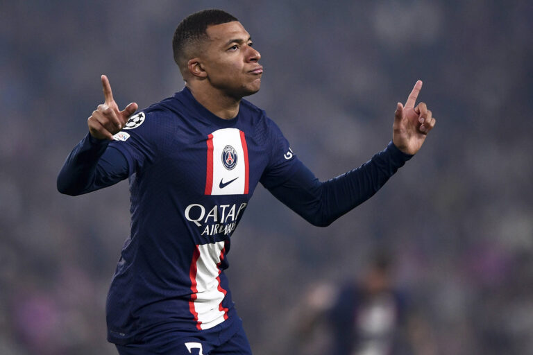 Juventus FC v Paris Saint Germain FC UEFA Champions League Kylian Mbappe of Paris Saint Germain FC celebrates after sc