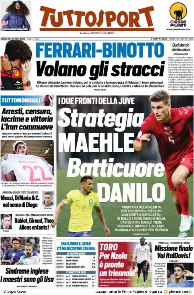 Le prime pagine dei quotidiani sportivi di oggi – 26 novembre 34 Tuttosport 14