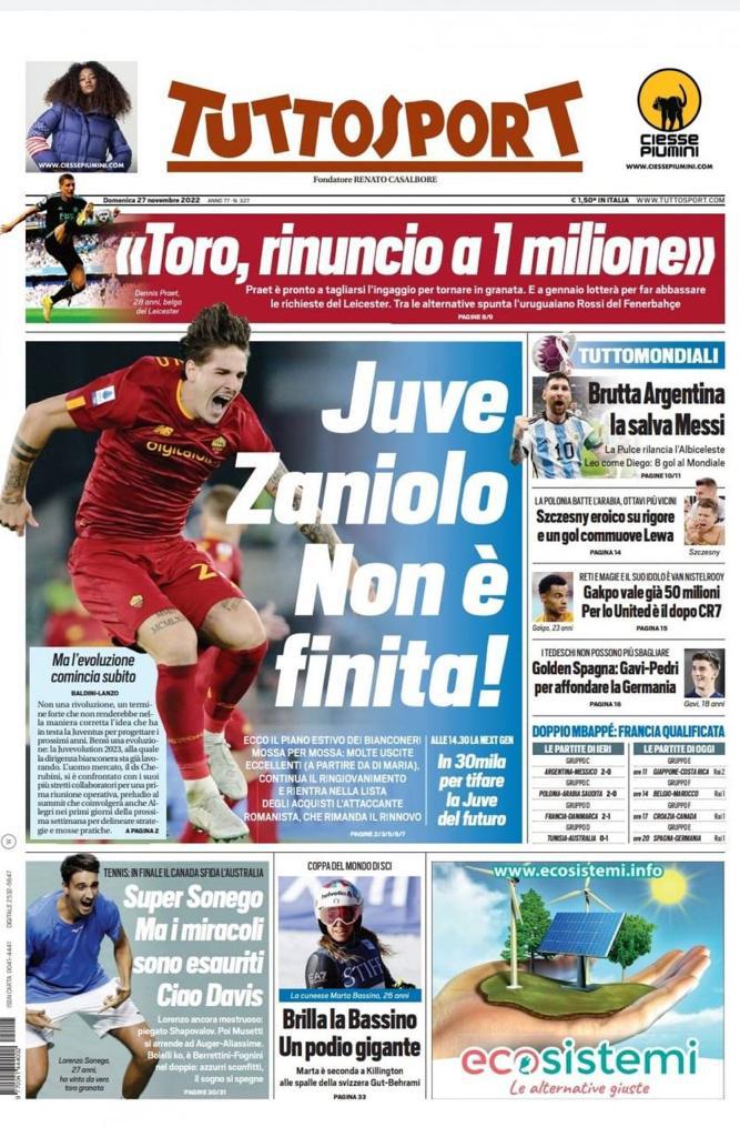 Le prime pagine dei quotidiani sportivi di oggi – 27 novembre 32 tuttosport