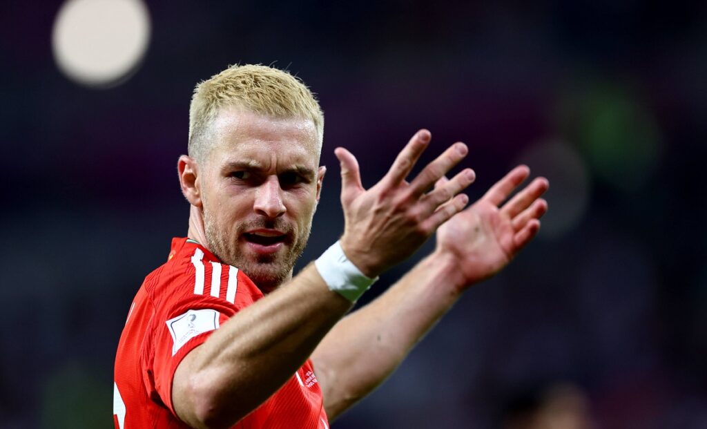 Al Rayyan, Qatar, 21st November 2022. Aaron Ramsey of Wales seeks a decision during the FIFA World Cup, WM, Weltmeisters