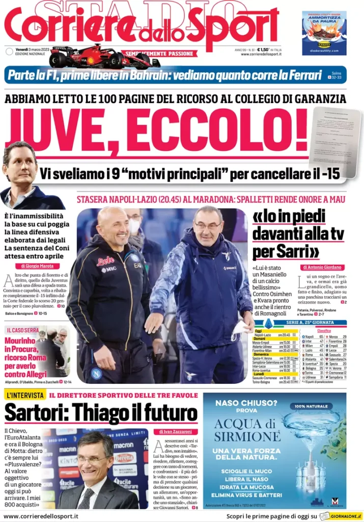 Le prime pagine dei quotidiani sportivi – 3 marzo 30 Corriere Sport 1