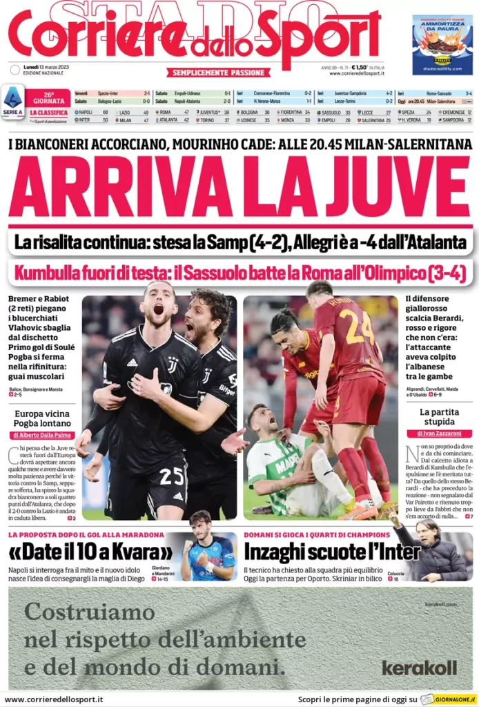 Le prime pagine dei quotidiani sportivi – 13 marzo 32 Corriere Sport 8