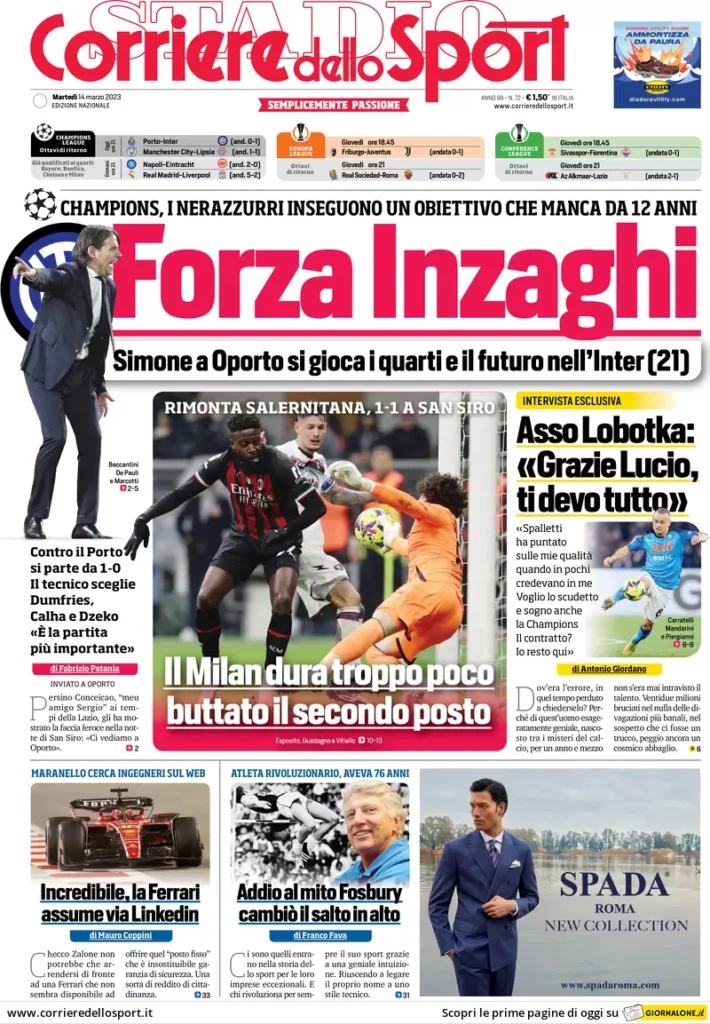 Le prime pagine dei quotidiani sportivi – 14 marzo 32 Corriere Sport 9