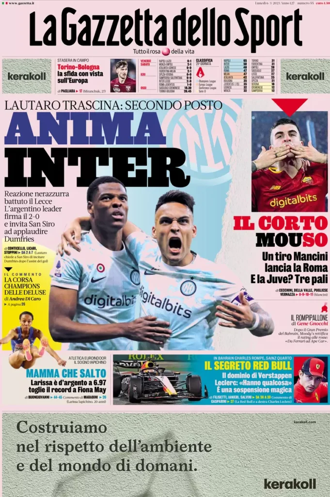 Le prime pagine dei quotidiani sportivi – 6 marzo 29 Gazzetta Sport 1