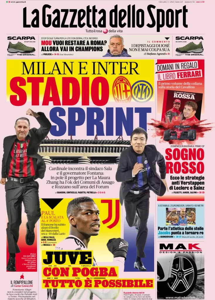 Le prime pagine dei quotidiani sportivi – 2 marzo 29 Gazzetta dello Sport