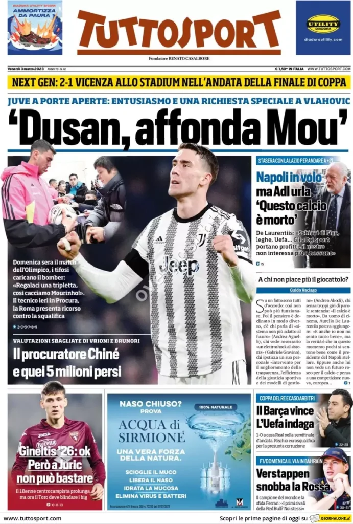 Le prime pagine dei quotidiani sportivi – 3 marzo 31 Tuttosport 1