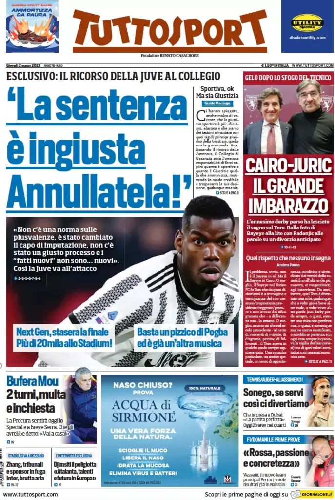 Le prime pagine dei quotidiani sportivi – 2 marzo 31 Tuttosport