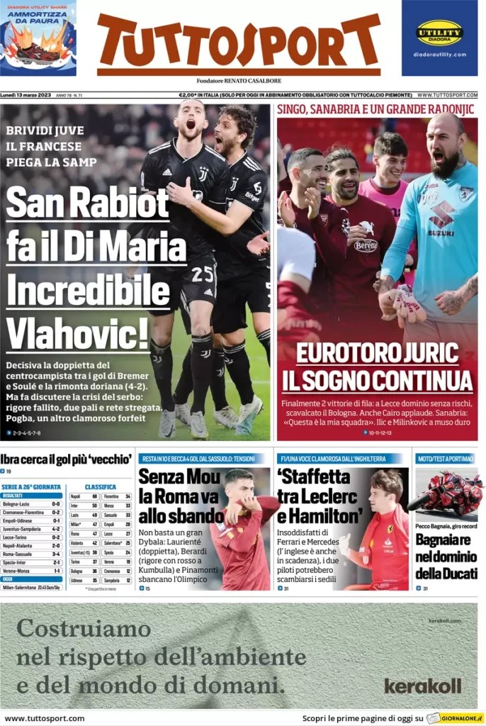 Le prime pagine dei quotidiani sportivi – 13 marzo 33 Tuttosport 8