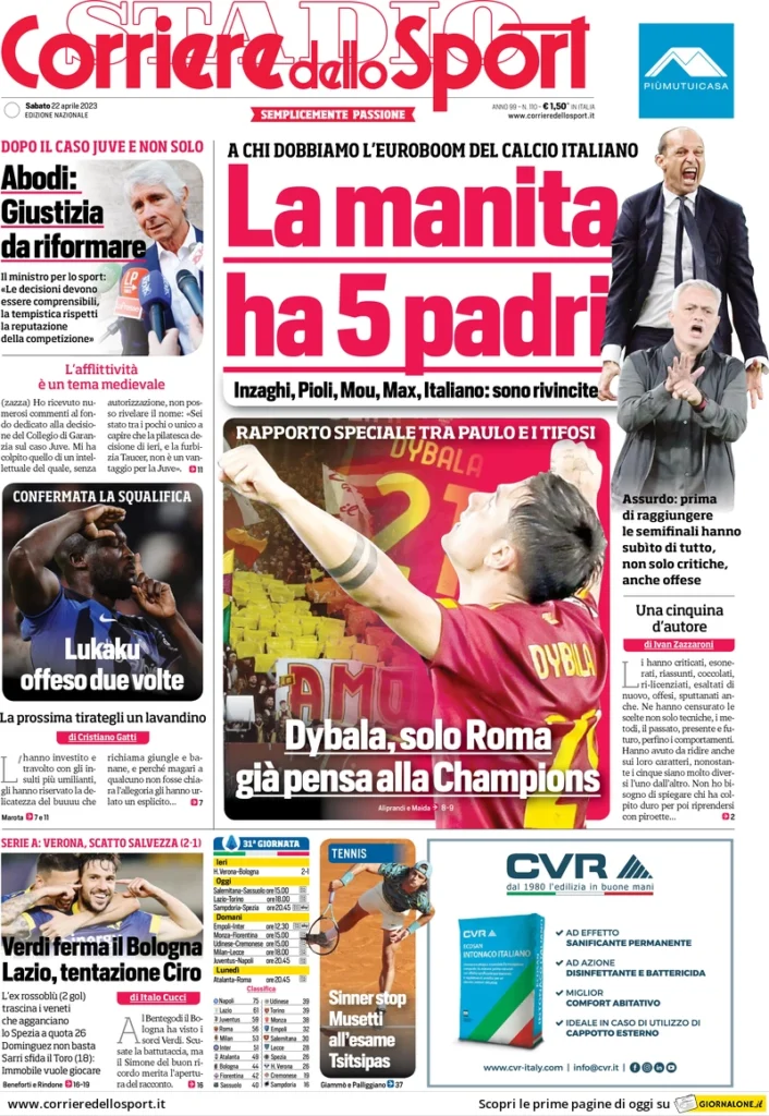 Le prime pagine dei quotidiani sportivi – 22 aprile 32 Corriere Sport 13