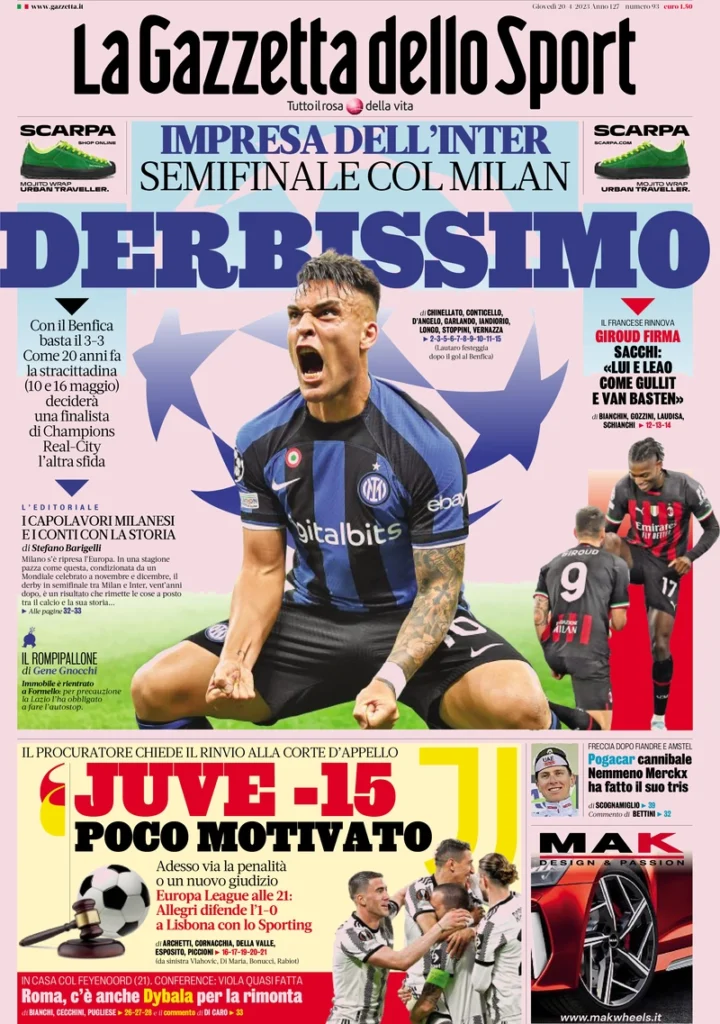 Le prime pagine dei quotidiani sportivi – 20 aprile 31 Gazzetta Sport 12