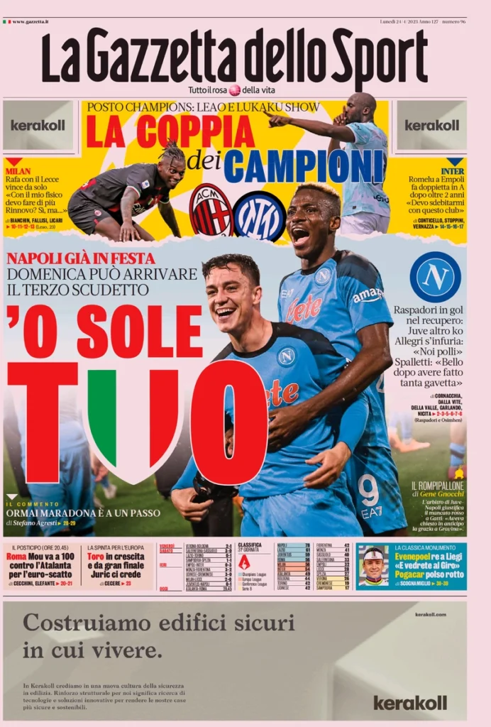Le prime pagine dei quotidiani sportivi – 24 aprile 31 Gazzetta Sport 16