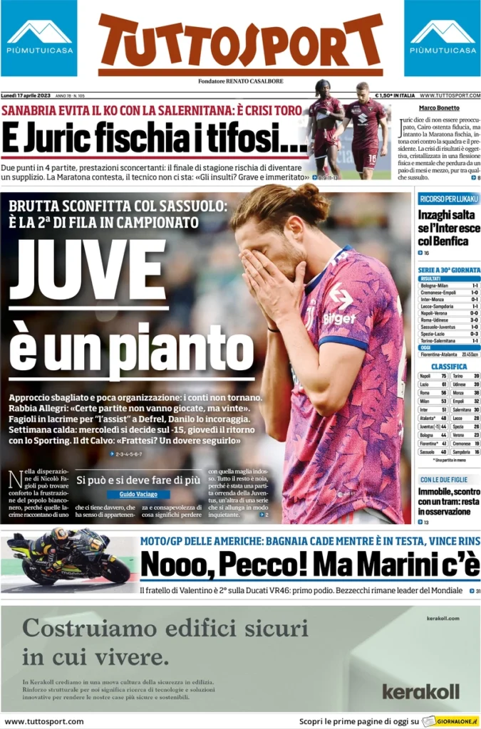 Le prime pagine dei quotidiani sportivi – 17 aprile 34 Tuttosport 10