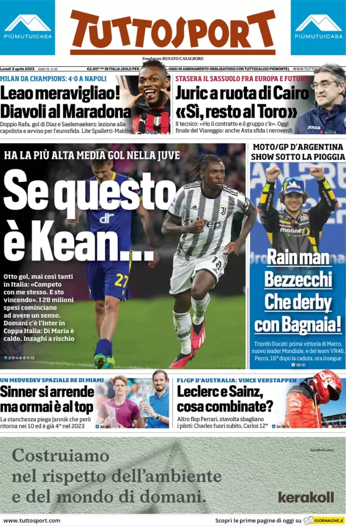 Le prime pagine dei quotidiani sportivi – 3 aprile 34 Tuttosport 2