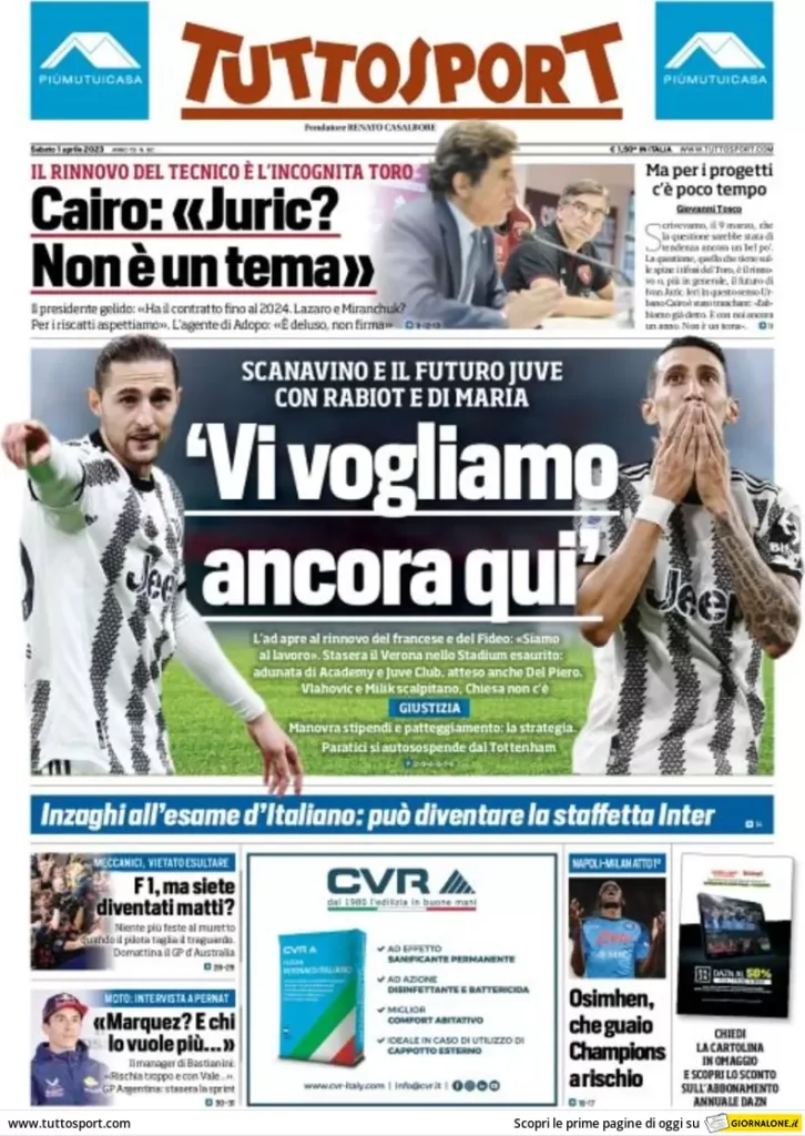 Le prime pagine dei quotidiani sportivi – 1 aprile 34 Tuttosport