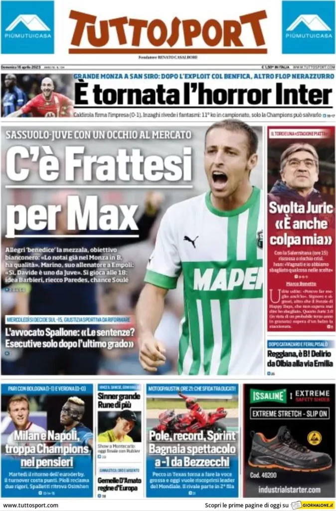 Le prime pagine dei quotidiani sportivi – 16 aprile 34 Tuttosport 9