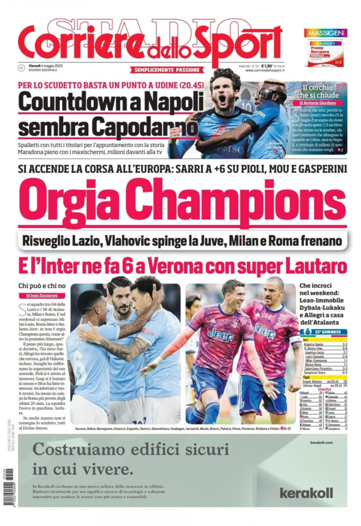 Le prime pagine dei quotidiani sportivi – 4 maggio 31 corriere dello sport 4 maggio 2023