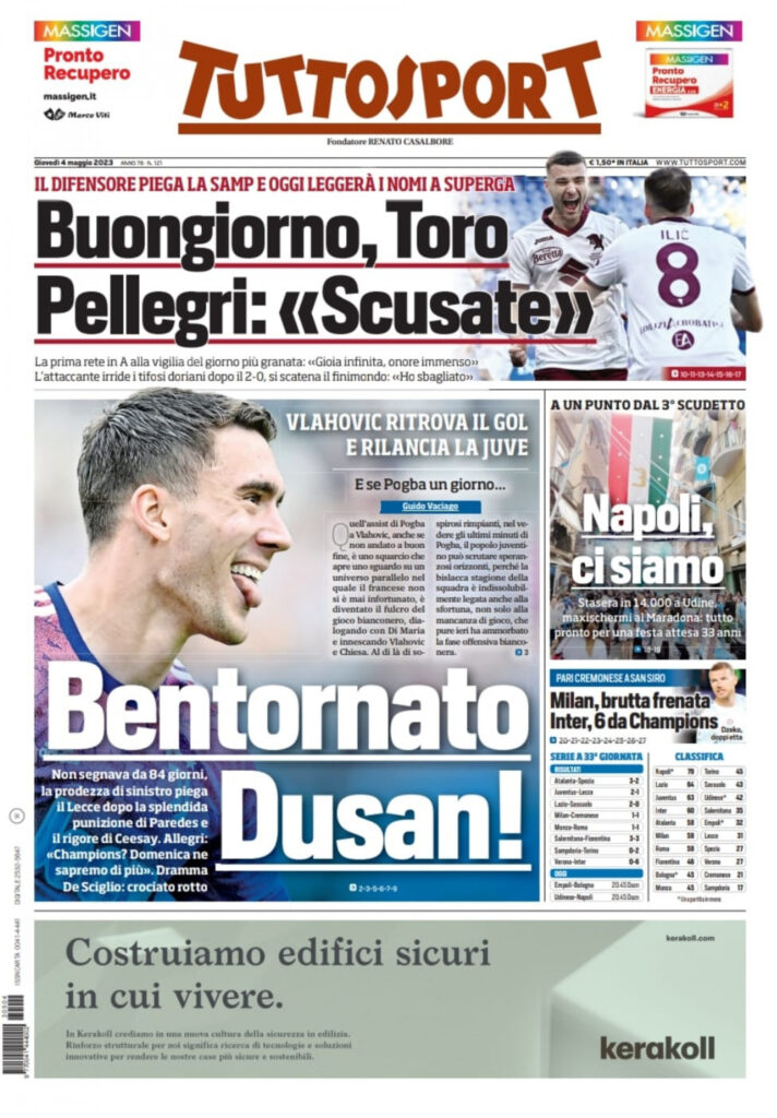 Le prime pagine dei quotidiani sportivi – 4 maggio 32 tuttosport 4 maggio 2023 1