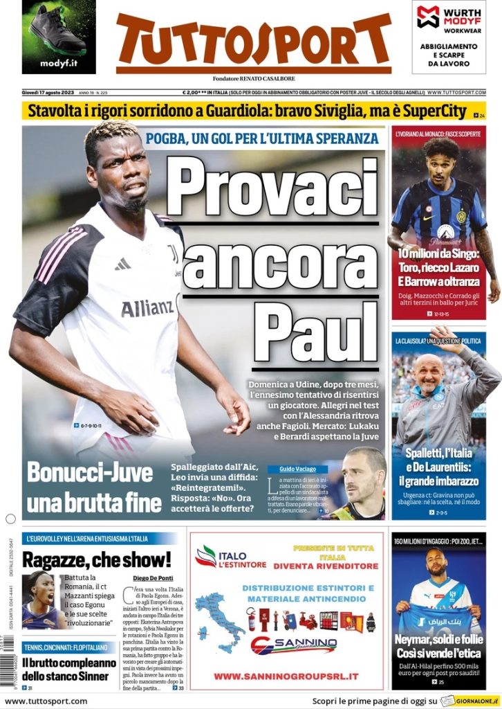 Le prime pagine dei quotidiani sportivi – 17 agosto 34 tuttosport 072131306