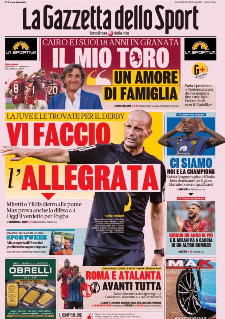 Le prime pagine dei quotidiani sportivi – 6 ottobre 32 gazzetttta