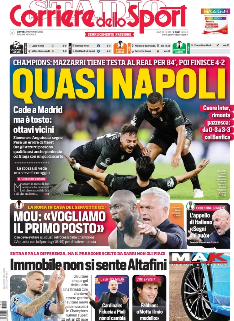 Le Prime Pagine Sportive Nazionali – 30 novembre 33 Corriere Sport 16