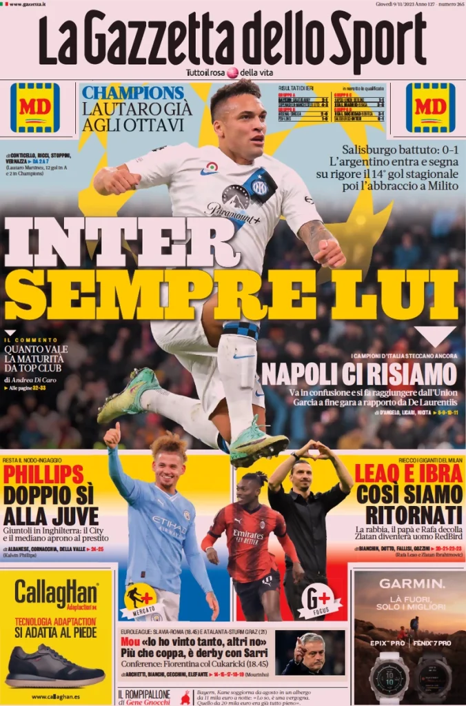 Le prime pagine dei quotidiani sportivi – 9 novembre 32 Gazzetta dello Sport 3
