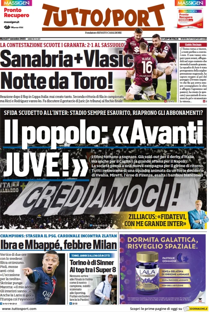 Le prime pagine dei quotidiani sportivi – 7 novembre 34 Tuttosport 2