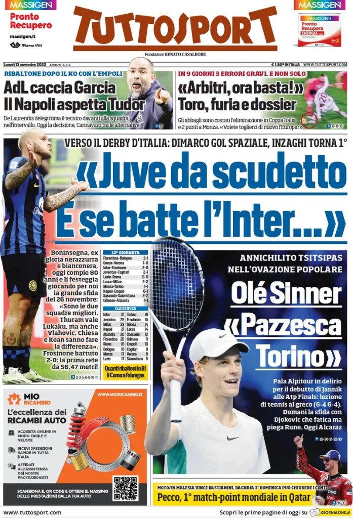 Le prime pagine dei quotidiani sportivi – 13 novembre 34 Tuttosport 5