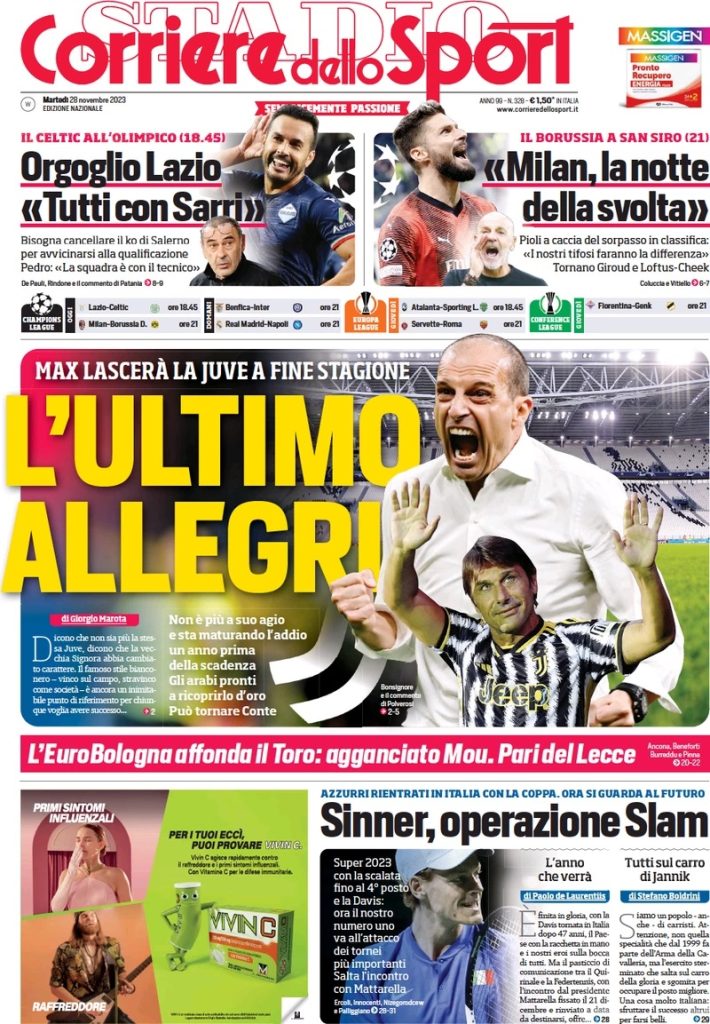 Le Prime Pagine Sportive Nazionali – 28 novembre 33 corriere dello sport 011202583