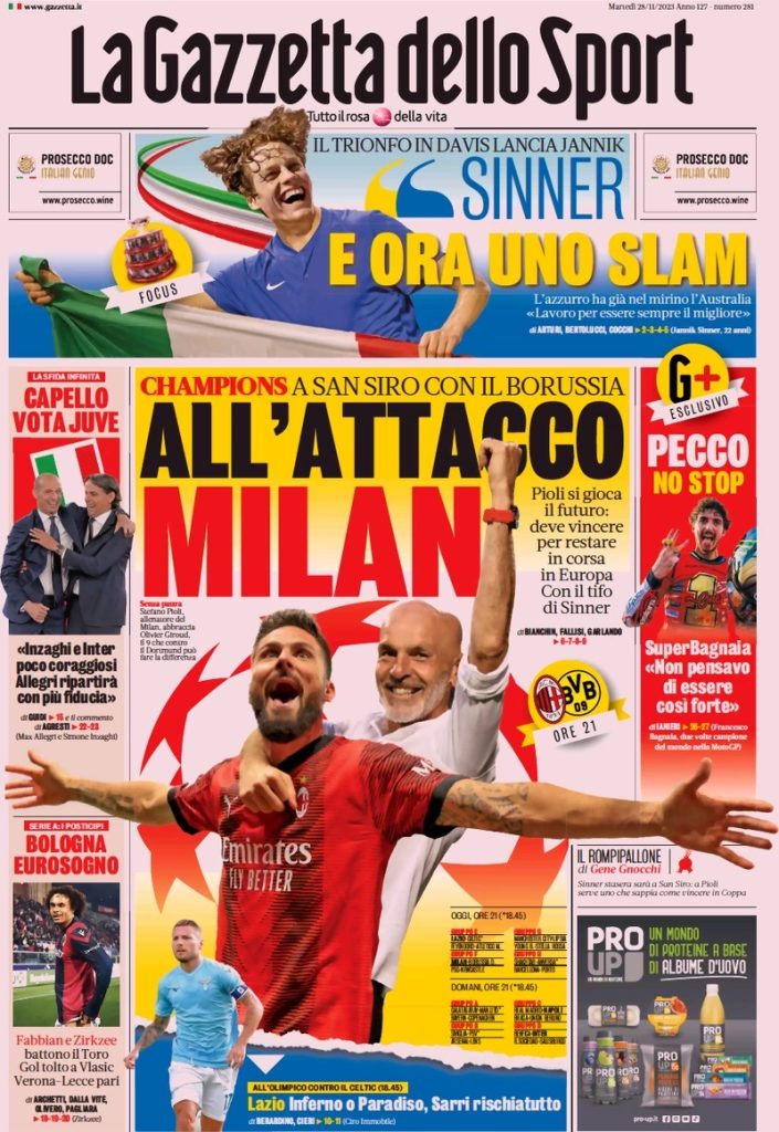 Le Prime Pagine Sportive Nazionali – 28 novembre 32 la gazzetta dello sport 023804477